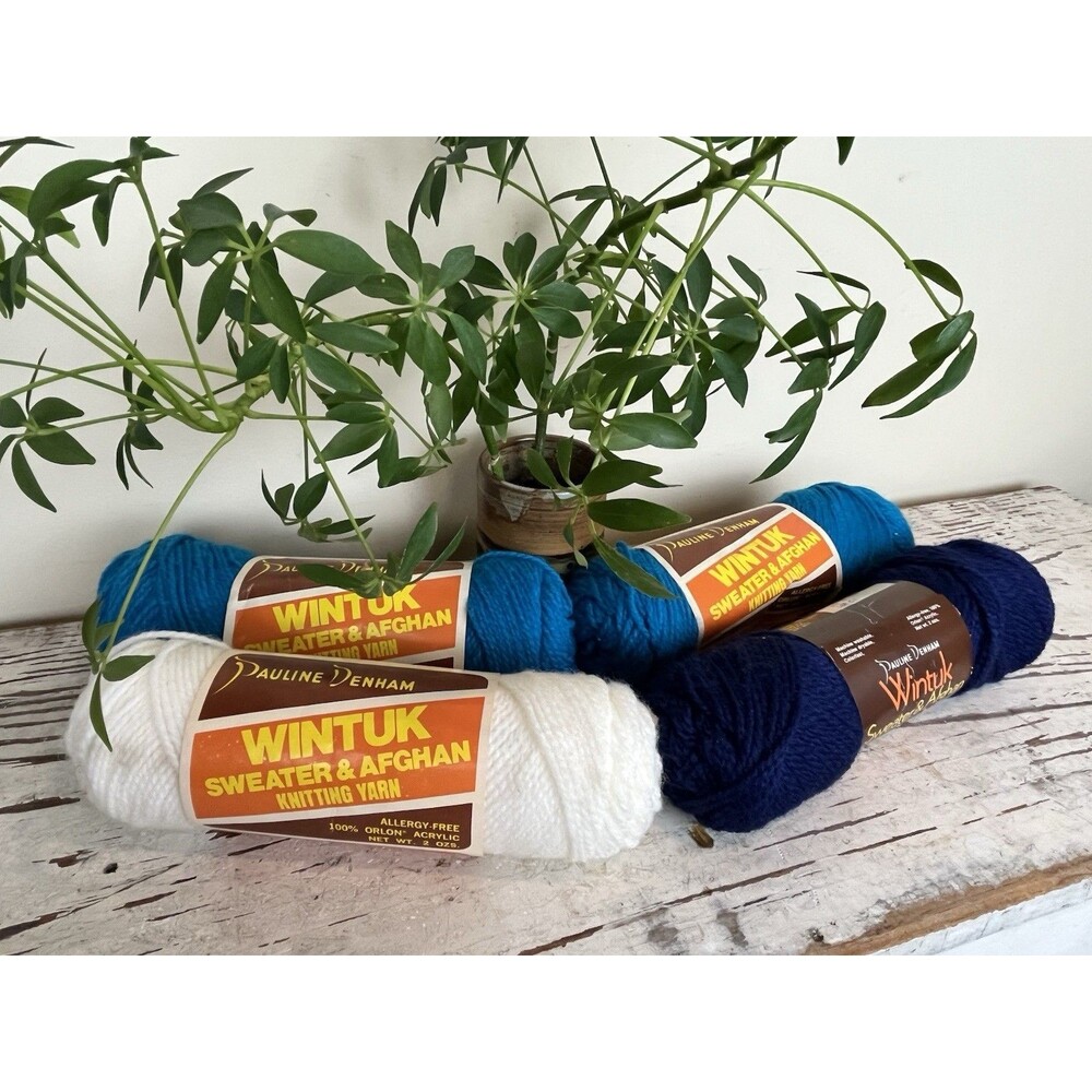 Vintage 1970’s Wool Yarn Lot Of 4 Multiple Colors NOS Aqua, Dark Blue & White